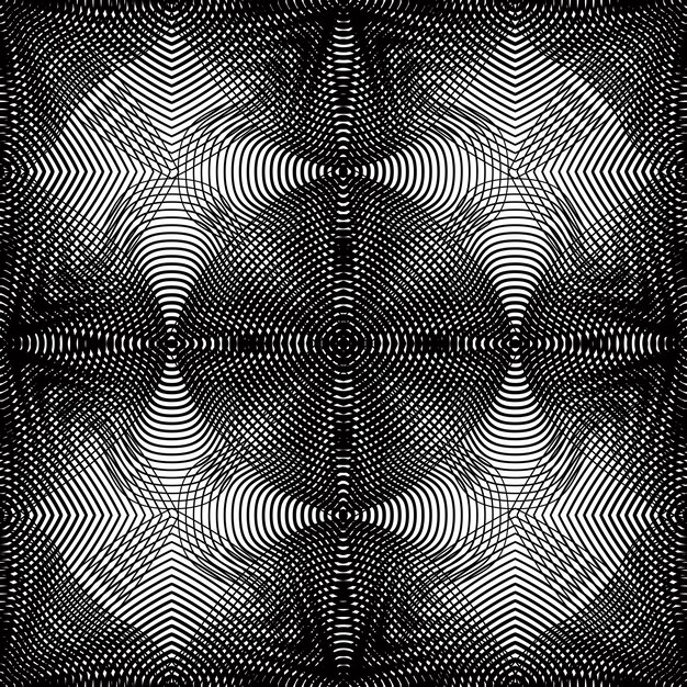 Rayas monocromáticas geométricas superpuestas de patrones sin fisuras, fondo abstracto vectorial en blanco y negro. telón de fondo de caleidoscopio simétrico gráfico.