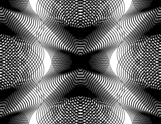 Rayas monocromáticas geométricas superpuestas de patrones sin fisuras, fondo abstracto vectorial en blanco y negro. Telón de fondo de caleidoscopio simétrico gráfico.