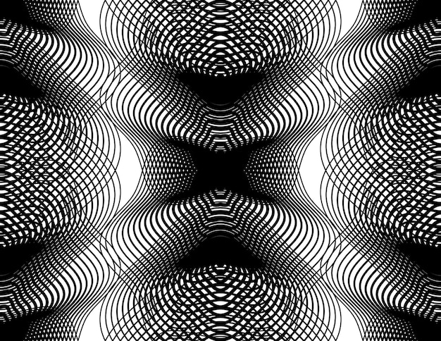 Rayas monocromáticas geométricas superpuestas de patrones sin fisuras, fondo abstracto vectorial en blanco y negro. Telón de fondo de caleidoscopio simétrico gráfico.