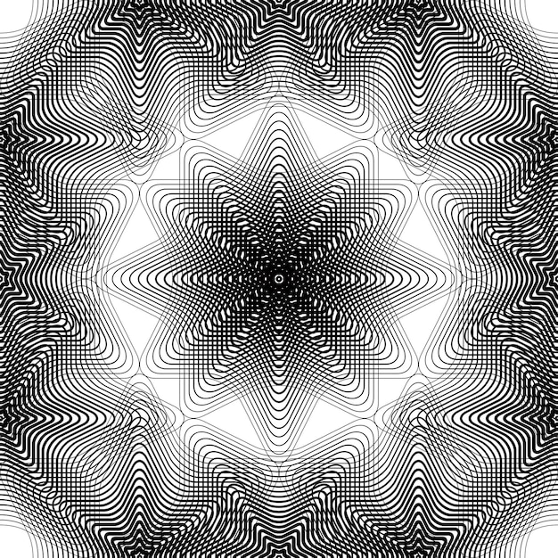 Rayas monocromáticas geométricas superpuestas de patrones sin fisuras, fondo abstracto vectorial en blanco y negro. Telón de fondo de caleidoscopio simétrico gráfico.
