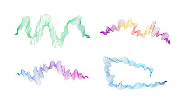 Rayas onduladas curvas Conjunto de cuatro líneas de onda de gradiente de colores abstractos sobre fondo blanco Ilustración vectorial