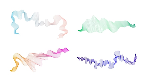 Rayas onduladas curvas Conjunto de cuatro líneas de onda de gradiente de colores abstractos sobre fondo blanco Ilustración vectorial