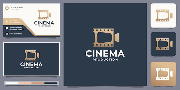 Rayas de película con cámara para diseño de logotipo de escenario de película y plantilla de tarjeta de visita. Vector premium