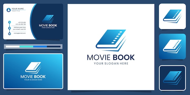 Rayas de película con libro para diseño de logotipo de escenario de película y plantilla de tarjeta de visita. vector premium