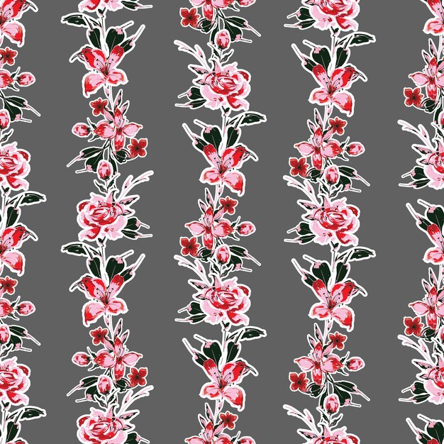 Rayas verticales florales de jardín floreciente, vector EPS10 de patrones sin fisuras florales dibujados a mano, diseño de moda, tela, textil, papel tapiz, cubierta, web, envoltura y todas las impresiones en gris