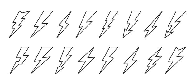 El rayo es un icono de línea negra que establece el signo de carga de energía, el trueno es un símbolo lineal de electricidad, el rayo es un pictograma de destello, la descarga eléctrica es poderosa, el peligro es un concepto de flecha en zigzag.