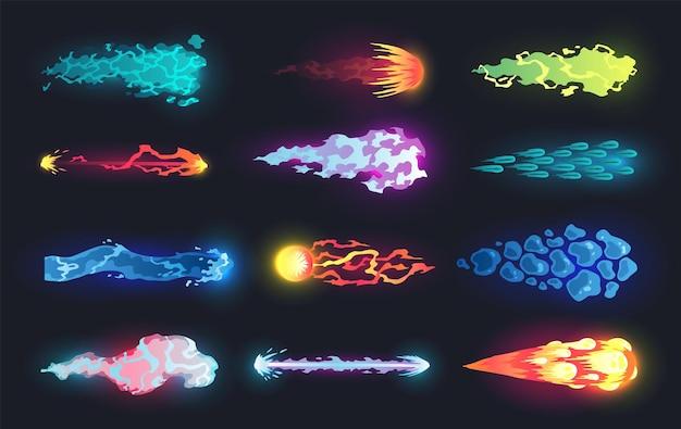 Rayo de pistola láser de dibujos animados Rayos de arma de combate alienígena Efecto de disparo futurista Flujo de plasma destructivo Explosión de ataque de blaster de bomba Elemento de juego vectorial