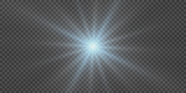 Rayos brillantes de luz y focos solares iluminando sobre un fondo transparente