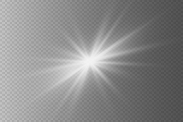 Rayos brillantes de luz y focos solares iluminando sobre un fondo transparente