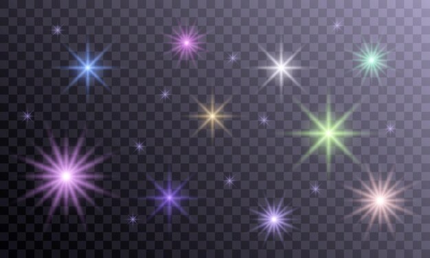 Rayos de estrellas brillantes de colores para decorar tarjetas de Año Nuevo y vacaciones