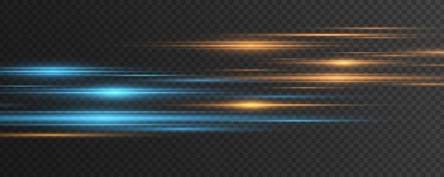 Rayos láser dinámicos azules y naranjas aislados en un fondo transparente oscuro Efecto de luz abstracto Flare de lente Rayos móviles brillantes Ilustración vectorial
