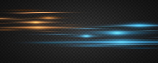 Rayos láser dinámicos azules y naranjas aislados en un fondo transparente oscuro Efecto de luz abstracto Flare de lente Rayos en movimiento que brillan en la oscuridad Ilustración vectorial