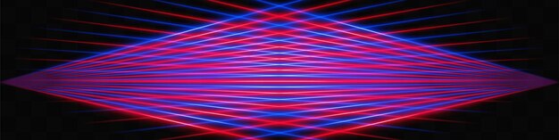 Los rayos láser rojos y azules se cruzan en un patrón simétrico sobre un fondo negro creando un efecto visual futurista y dinámico