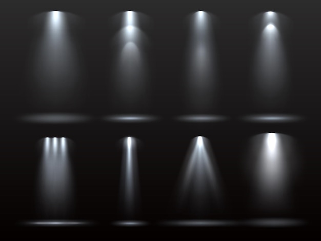 Vector rayos de linterna realistas diferentes formas luminosas rayos brillantes direccionales formas de dispersión luces blancas foco de luz efecto vertical escena de teatro o club de conciertos decoración elemento conjunto vectorial