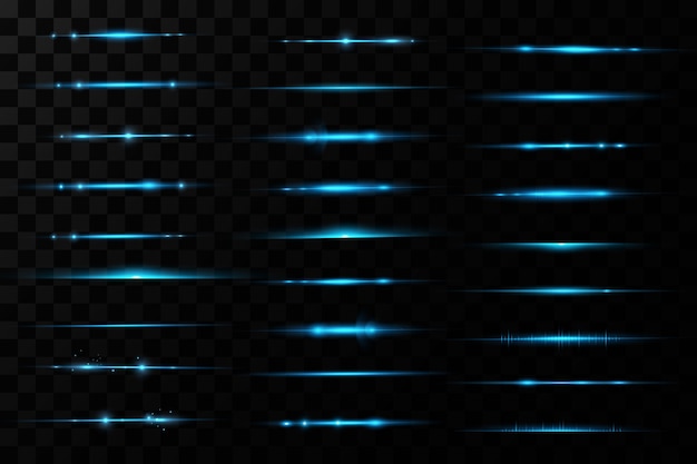 Rayos de luz azul horizontales. Resplandor transparente vector conjunto de efectos de luz, chispa, llamarada solar