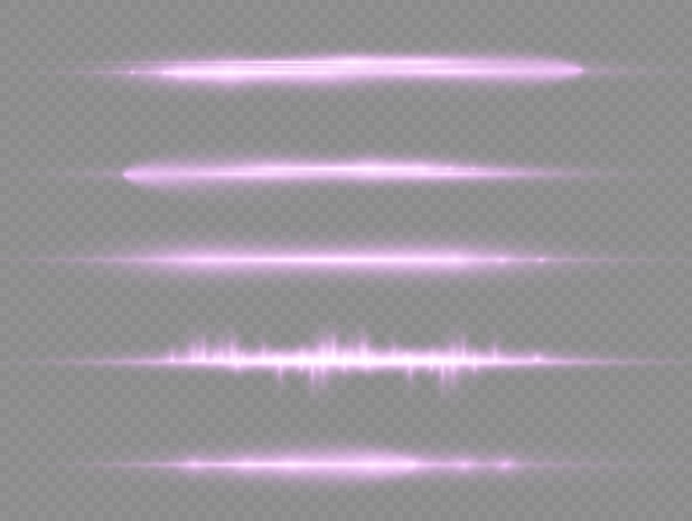 Los rayos de luz destellan destellos de lentes horizontales púrpuras paquete de rayos láser brillan línea violeta hermosa llamarada