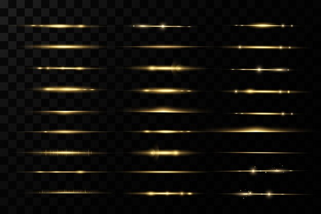 Rayos de luz horizontales. Resplandor transparente vector conjunto de efectos de luz, chispa, llamarada solar