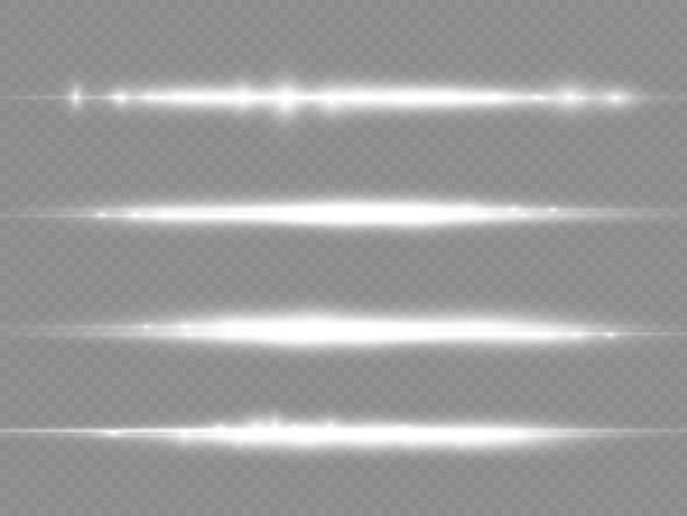 Rayos de luz, paquete de destellos de lentes horizontales blancos, rayos láser, línea blanca brillante, destello hermoso.