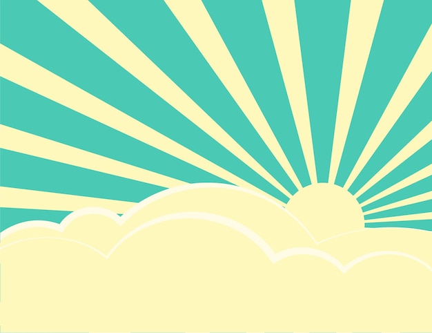 Vector rayos de sol con color retro amarillo y verde detrás de las nubes ilustración vectorial