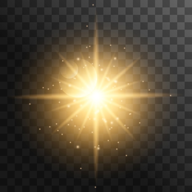 Rayos de sol realistas. Rayo de sol amarillo resplandor abstracto brillo efecto de luz starburst rayo de sol sol brillante aislado.