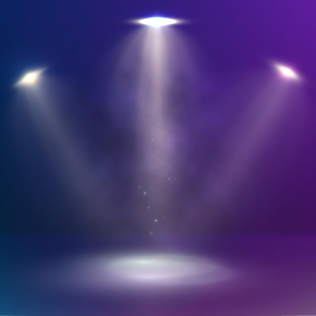 Los rayos de tres focos iluminan el escenario. Diseño de fondo de escena abstracta con focos y humo. Fondo azul oscuro y rosa.