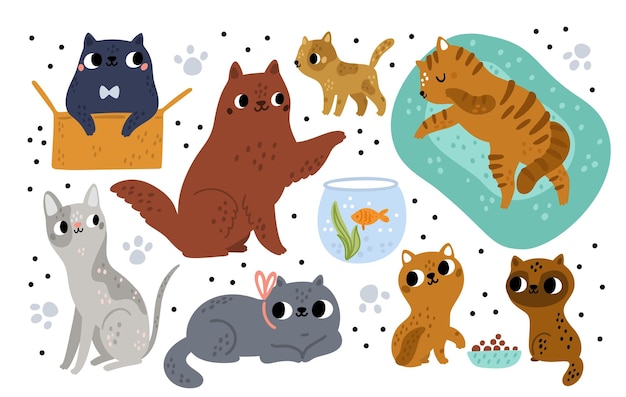 Razas de gatos lindos Diferentes personajes divertidos de mascotas Gatitos de dibujos animados jugando con caja y acuario Varios colores de lana Gatitos durmiendo o alimentándose Poses de mamíferos Conjunto de animales vectoriales