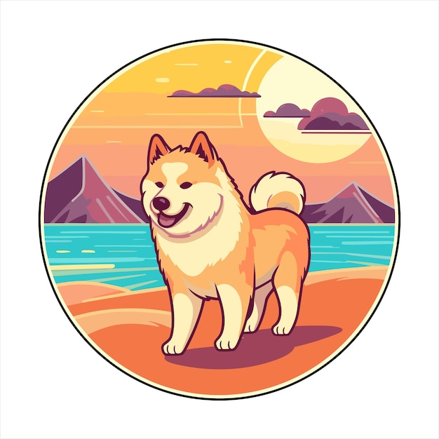 Razas de perros akita dibujos animados lindos kawaii personaje playa animales de verano mascotas aisladas ilustración aislada