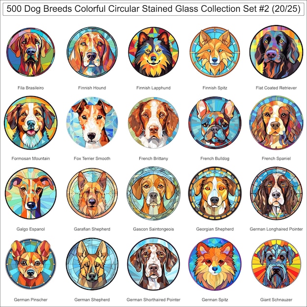 Razas de perros coloridos Colección de perros de vidrio teñido circular Conjunto 2 de 500 caras de perro Parte 20