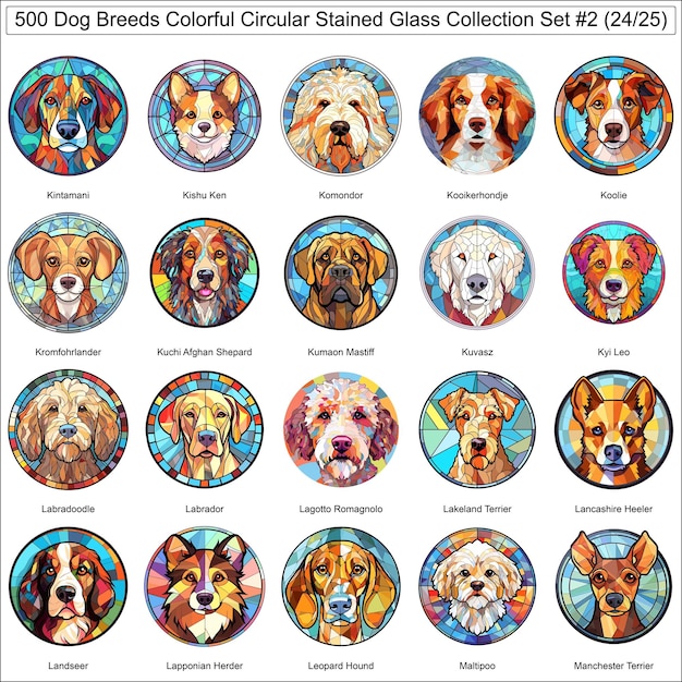 Razas de perros coloridos Colección de perros de vidrio teñido circular Conjunto 2 de 500 caras de perro Parte 24