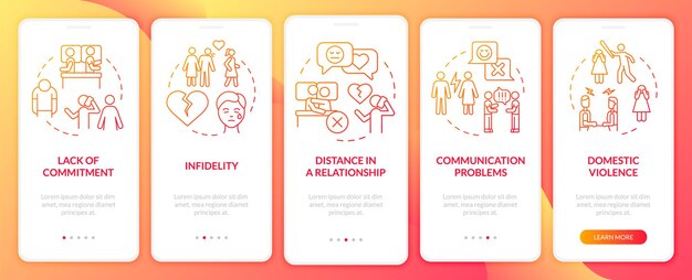 Razones para el divorcio pantalla de la aplicación móvil de incorporación de degradado rojo Recorrido de separación Páginas de instrucciones gráficas de 5 pasos con conceptos lineales UI UX Plantilla de GUI Myriad ProBold Fuentes regulares utilizadas