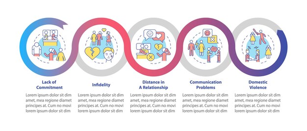 Razones para la plantilla de infografía de bucle de divorcio proceso de separación visualización de datos con 5 pasos gráfico de información de la línea de tiempo del proceso diseño de flujo de trabajo con iconos de línea myriad probold fuentes regulares utilizadas