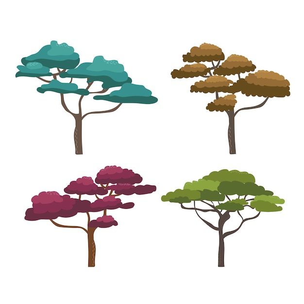 Árbol de acacia africana con conjunto de árboles coloridos de estilo de dibujos animados planos de corona ancha