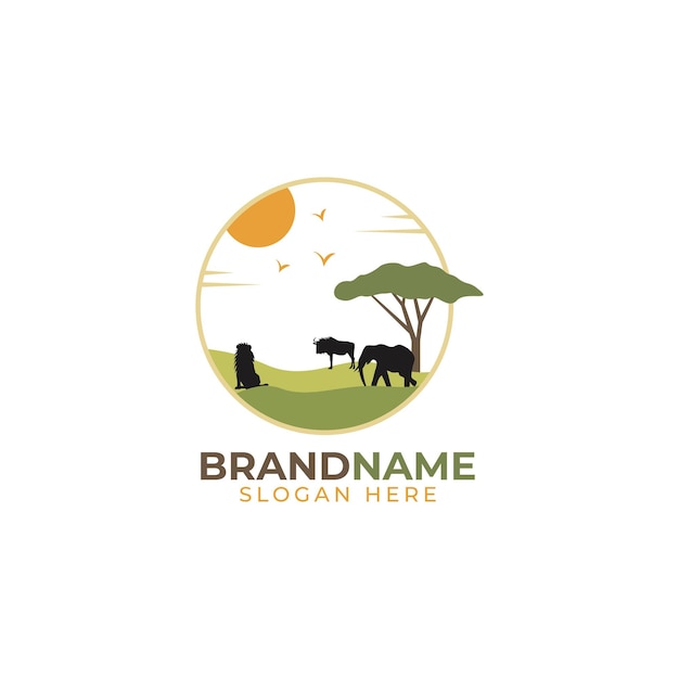 Árbol de acacia africana con silueta de león para Safari Adventure Logo Design Vector