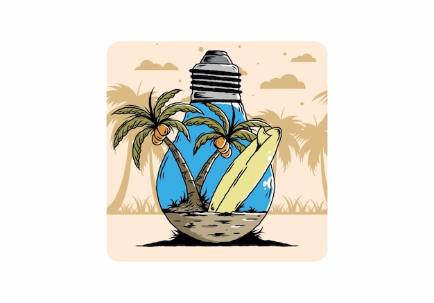 Árbol de coco y tabla de surf en una ilustración de lámpara de bombilla