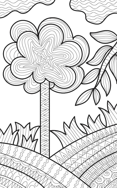 Árbol decorativo y página del libro de colorear de la naturaleza con estilo henna