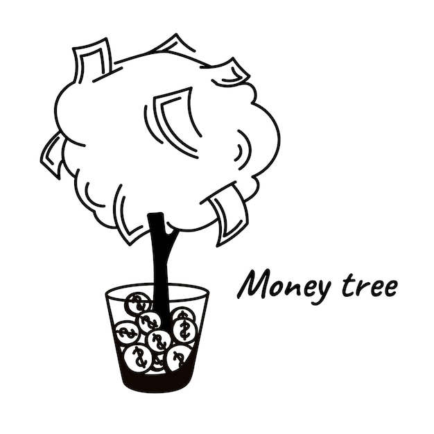 Árbol de dinero o planta de doodle contorno en blanco y negro ilustración vectorial de dibujos animados en fondo blanco