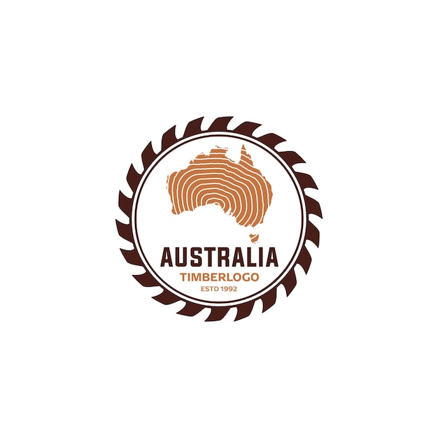 Árbol de madera de madera de Australia con sierra vintage logo vector tamplate