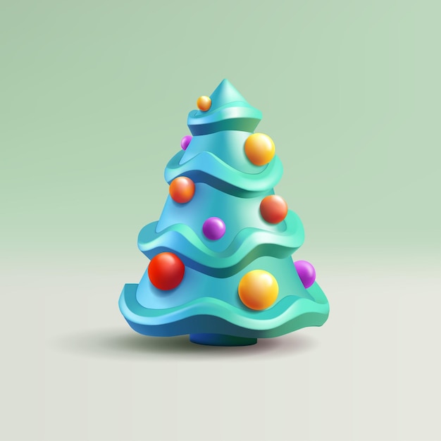 Árbol de navidad 3d ilustración render estilo simple forma de cono con decoración bolas redondas y estrella elemento aislado superior