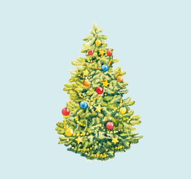 Árbol de Navidad de acuarela con juguetes de Navidad