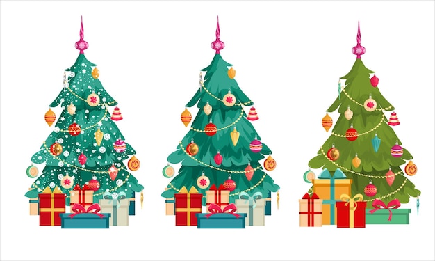 ÐŸÐµÑ ‡ Ð ° Ñ‚ÑŒÁrbol de Navidad con adornos y cajas de regalo. Cubierto de nieve. Feliz navidad y próspero año nuevo. Ilustración vectorial