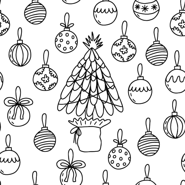 Árbol de Navidad y bolas de cristal de patrones sin fisuras Vector árbol de Navidad y decoración doodle fondo