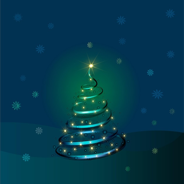 Árbol de Navidad brillante abstracto sobre un fondo azul. Tarjeta vectorial.
