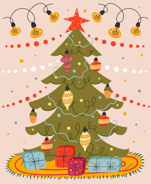 Árbol de navidad, con, caja de regalo, tarjeta, plano, diseño gráfico, ilustración