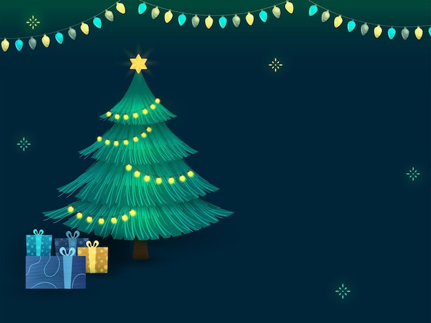 Árbol De Navidad Con Cajas De Regalo Guirnalda De Iluminación Decorada Con Fondo Azul Y Espacio De Copia