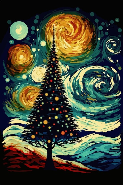 Árbol de Navidad en el cielo estrellado con patrones giratorios al estilo de Van Gogh Ilustración colorida