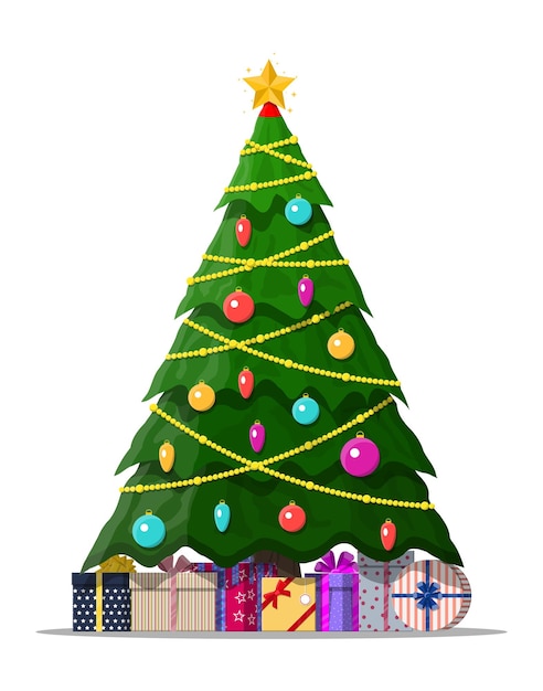 Árbol de Navidad decorado con bolas de colores, luces de guirnaldas, estrellas doradas, muchas cajas de regalo, árbol de hoja perenne de abeto, tarjeta de felicitación, cartel festivo, año nuevo, ilustración vectorial en estilo plano.