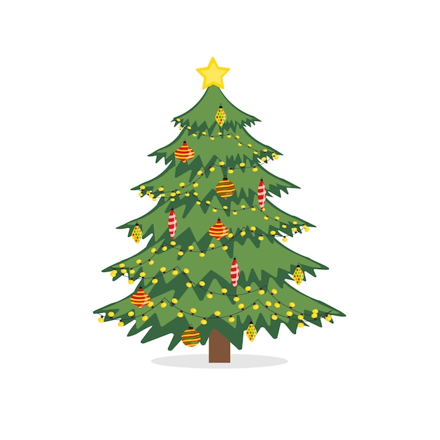 Árbol de navidad decorado con bolas y luces Feliz Navidad y un feliz año nuevo Ilustración de vector de estilo plano