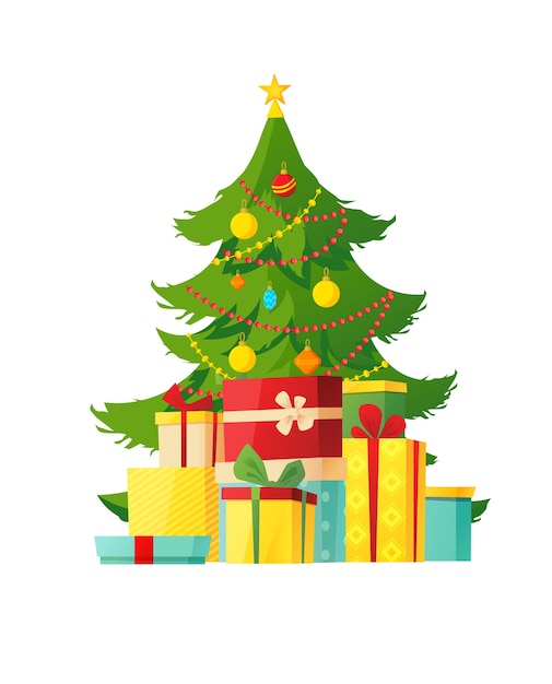 Árbol de Navidad decorado con diferentes cajas de regalo debajo.