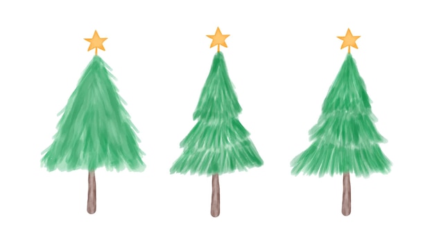 Árbol de navidad dibujado a mano en acuarela con estrellas doradas
