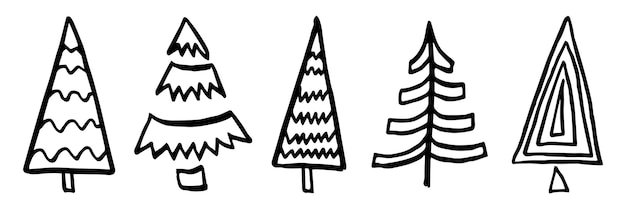 Árbol de Navidad dibujado a mano conjunto doodle colección de símbolos de estilo lineal de vector negro